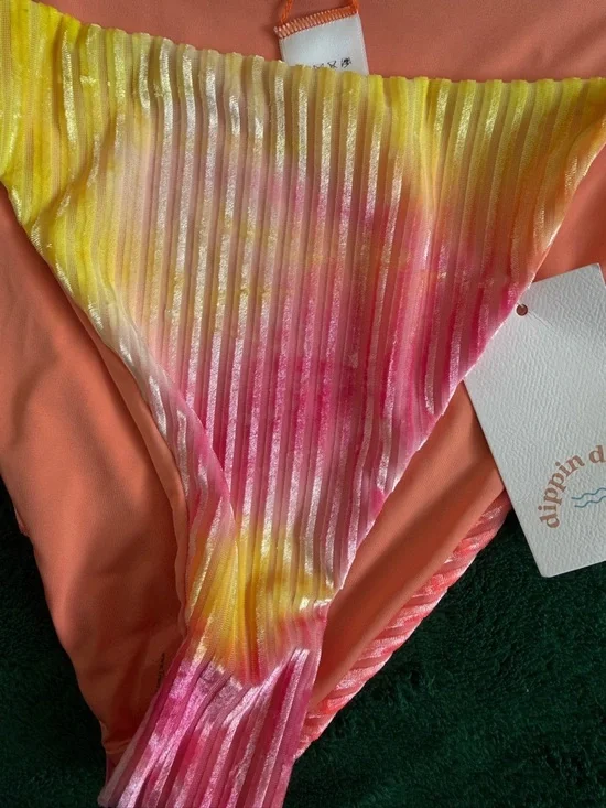 Dippin' Daisy's Coral and Tie-Dye Pink Yellow Ribbed Bikini Bottom - Picture 2 of 7
